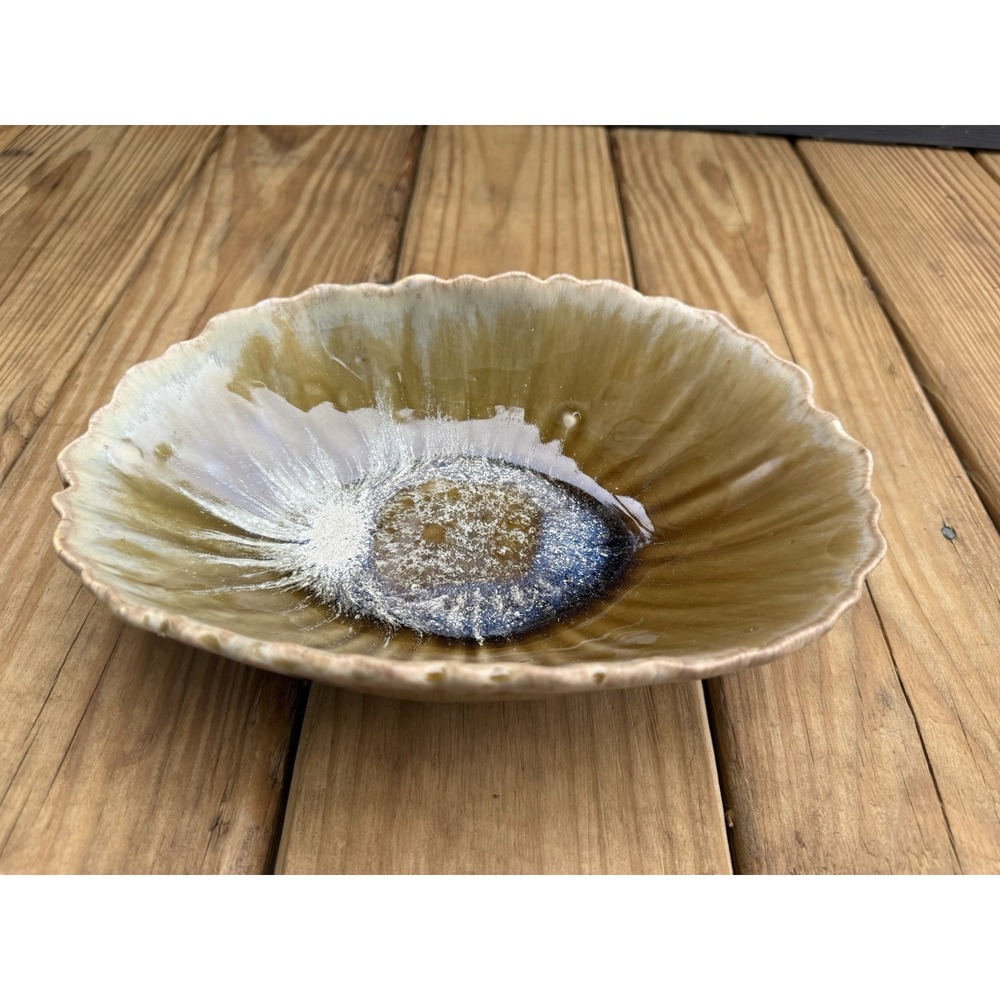 Vintage Hand Thrown Pottery Bowl Footed Brown Green Drip Glaze 10"x6.5"